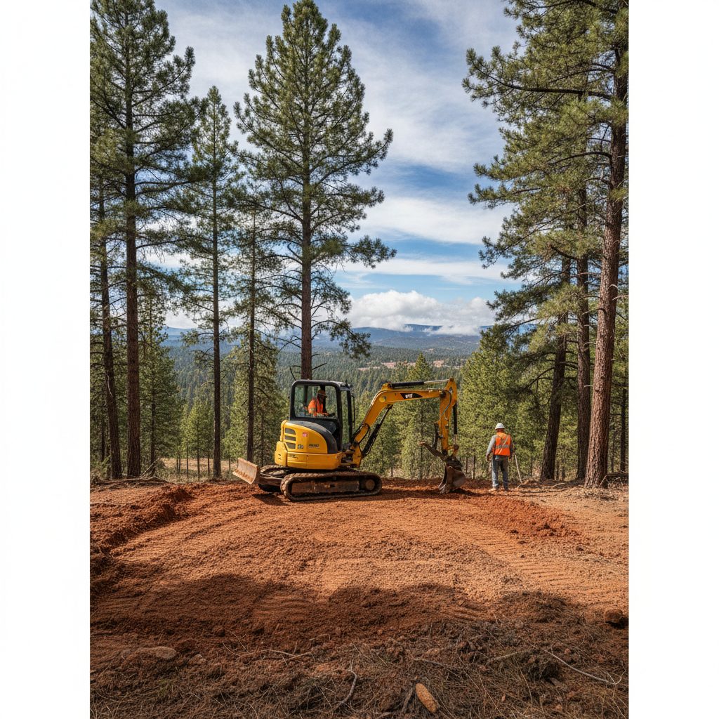 Mini excavator working in the Northern Arizona highlands near Flagstaff
